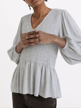 Madewell Lucie  Heather Gray Smocked V-Neck Peplum Top Sz.M